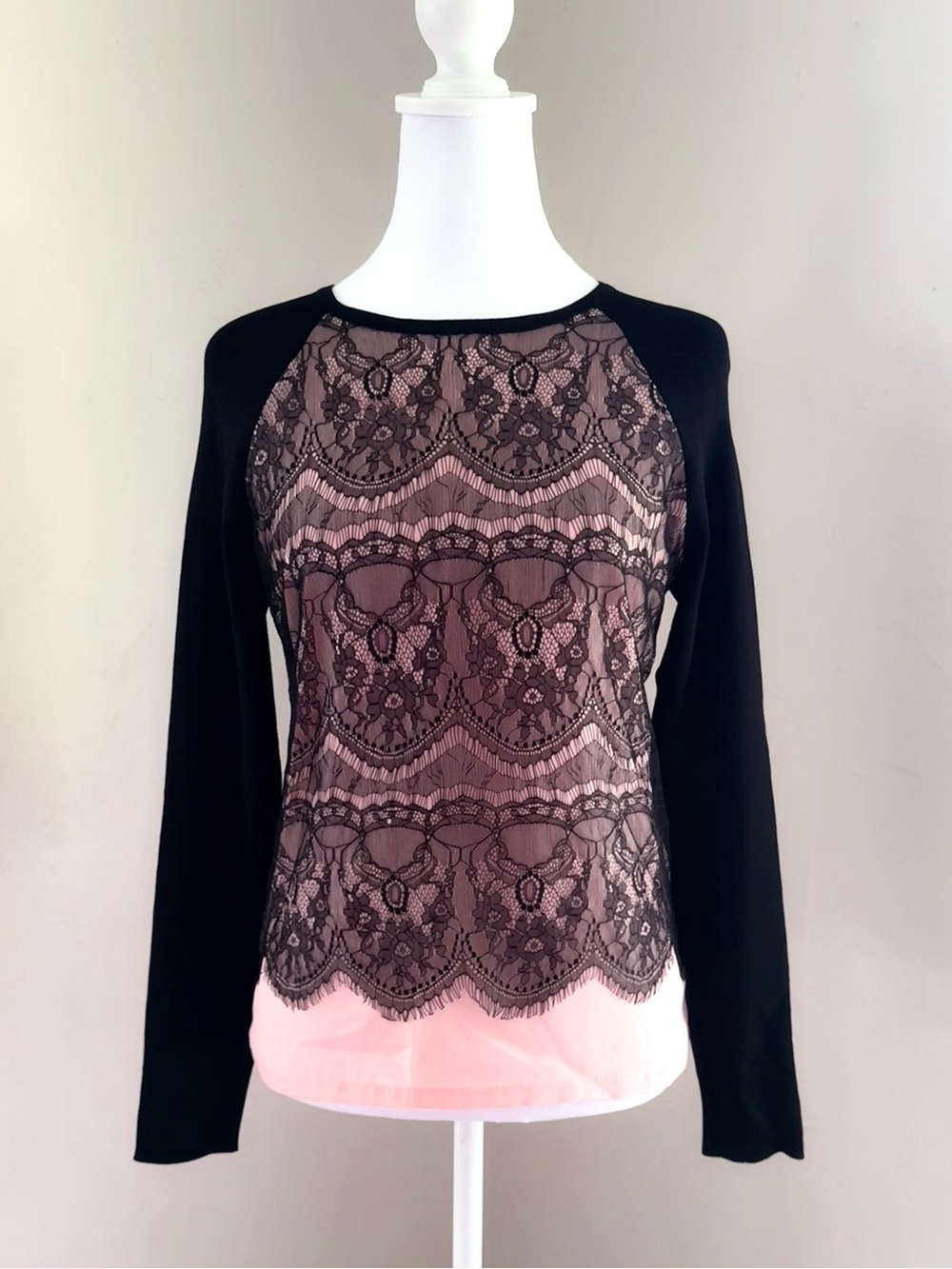 NWT Katherine Barclay Layered Lace Chiffon Long Sleeve Top Black Nude Pink S